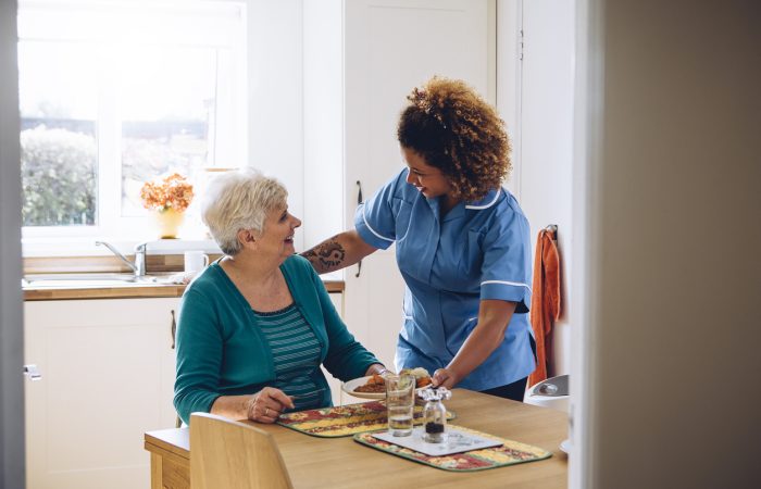 Care worker giving an old lady her dinner in her home.