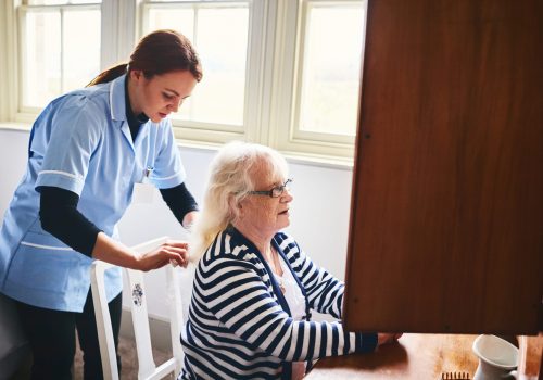 Young female nurse combing hair of elder woman at home